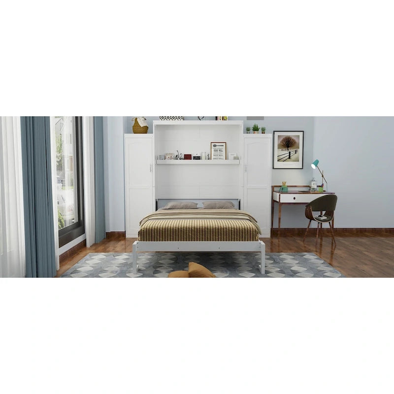 Full Size Murphy Bed with Two Wardrobe and Storage Shelf