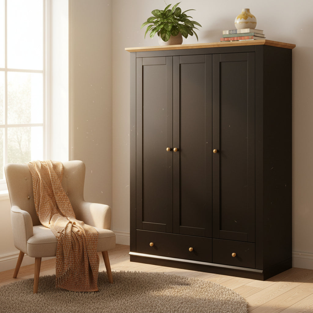 3 Door Armoire Wardrobe, Modern Wood Cabinet, Hanging Rail and Shelves, Bedroom Storage, Black