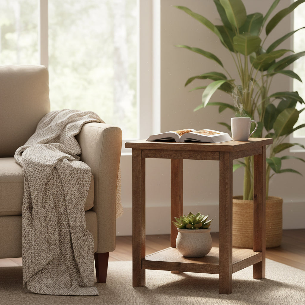 Ayne Side End Table, 1 Shelf, Distressed Brown Wood, Square 20 Inch