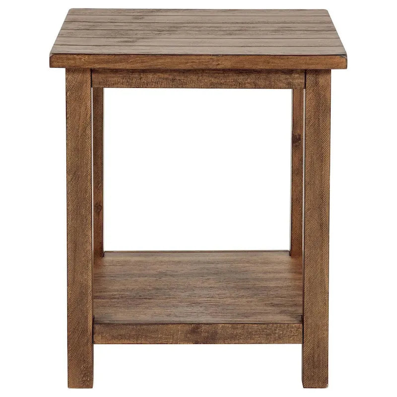 Side End Table, 1 Shelf, Distressed Brown Wood, Square 20 Inch
