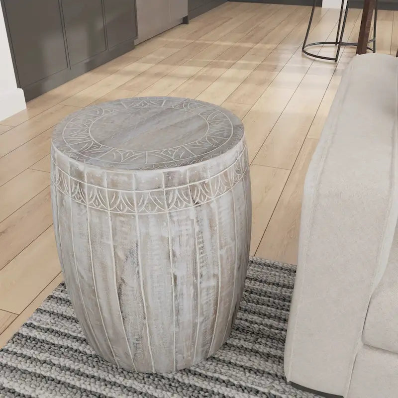Side End Table with 16 Inch Round Top, In Antique White Mango Wood