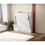 White Full-Size Murphy Bed with Integrated Shelves and Drawers - Gas Strut Mechanism