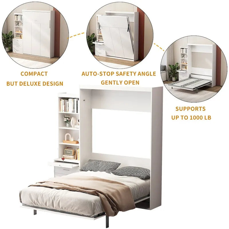 White Full-Size Murphy Bed with Integrated Shelves and Drawers - Gas Strut Mechanism