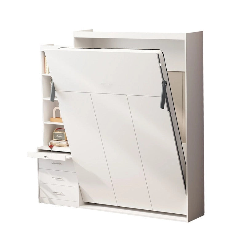 White Full-Size Murphy Bed with Integrated Shelves and Drawers - Gas Strut Mechanism