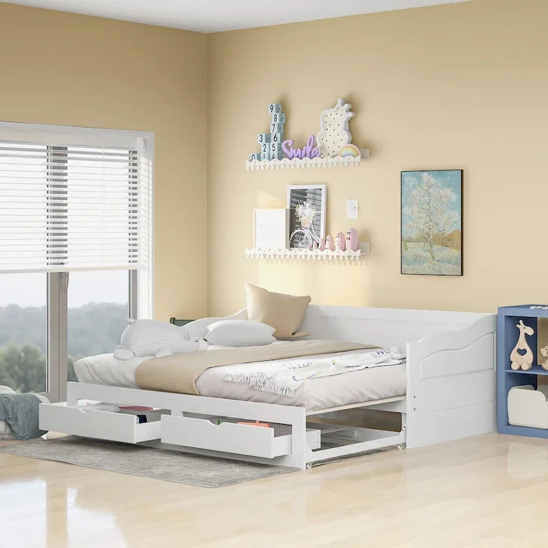White Twin Pine Wood Extendable Daybed with 2 Storage Drawers