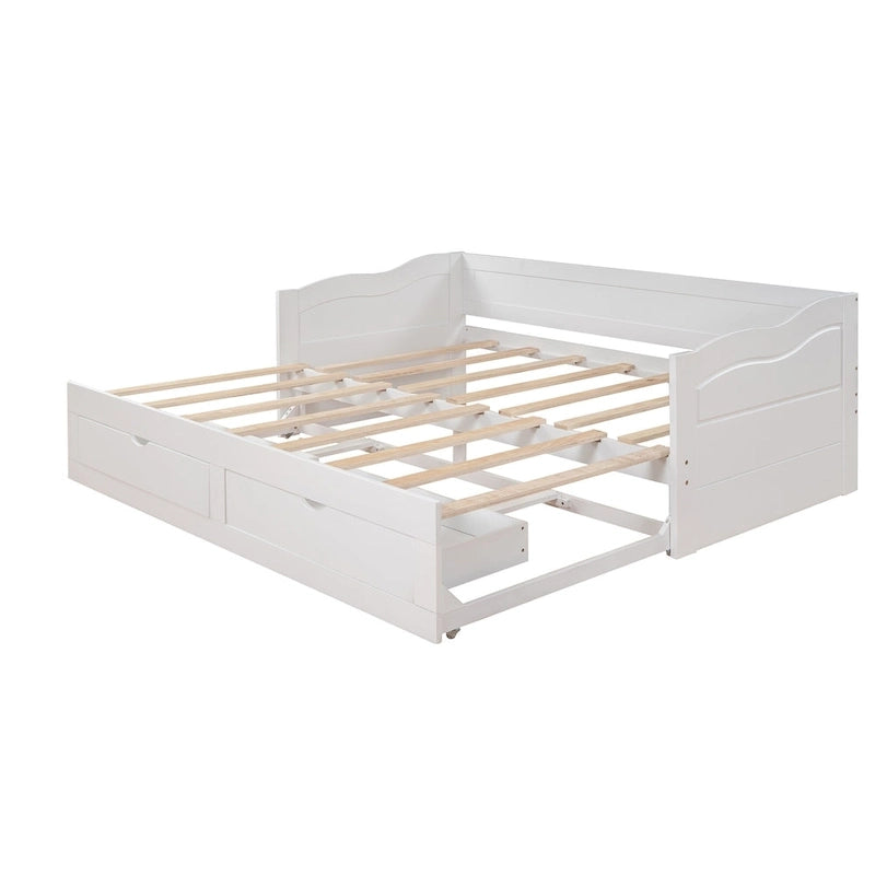 White Twin Pine Wood Extendable Daybed with 2 Storage Drawers