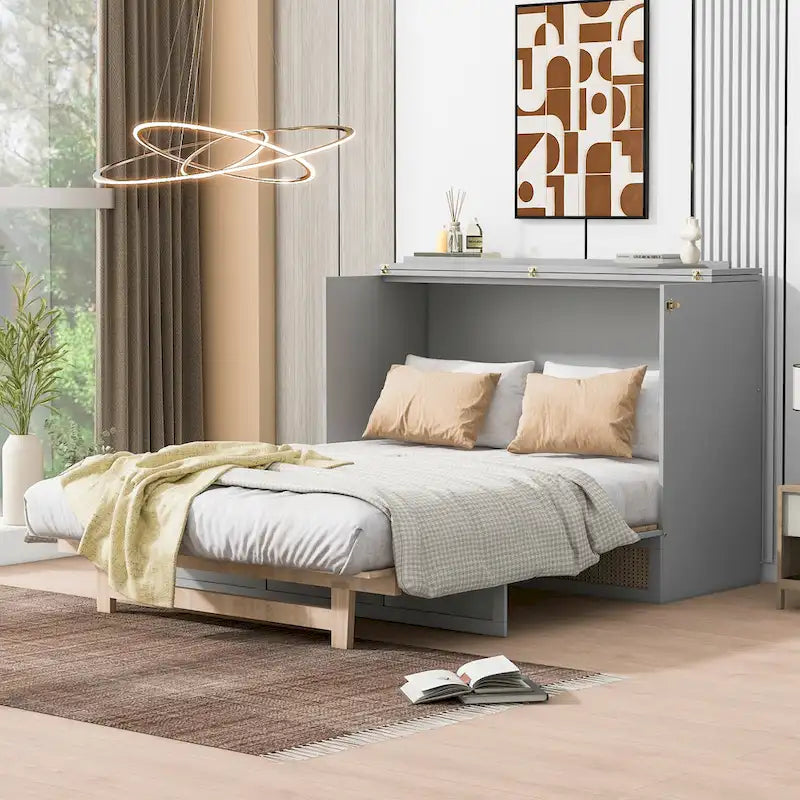 Gray Full Size Murphy Bed with Versatile Storage & Large Drawers