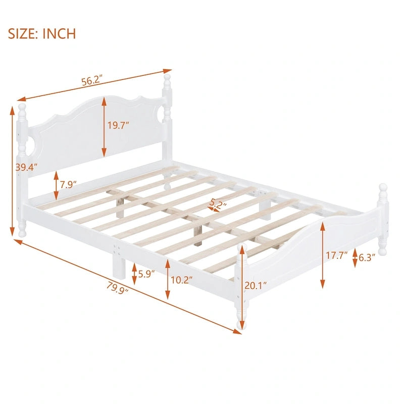 Retro Style Pine Wood Platform Bed Frame with Headboard and Footboard, Wooden Slat Support