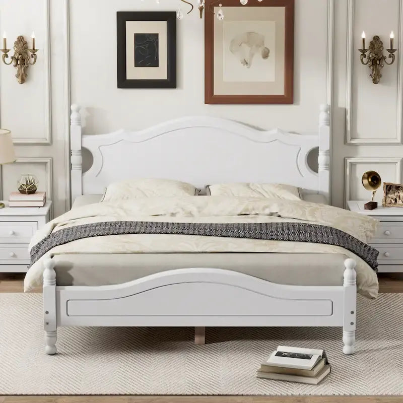 Retro Style Pine Wood Platform Bed Frame with Headboard and Footboard, Wooden Slat Support