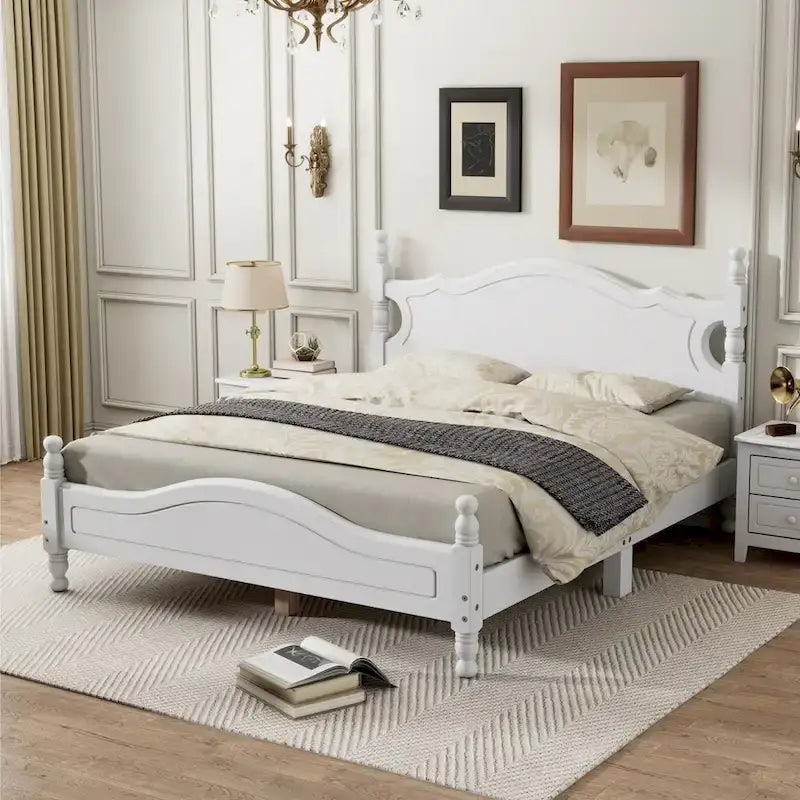 Retro Style Pine Wood Platform Bed Frame with Headboard and Footboard, Wooden Slat Support