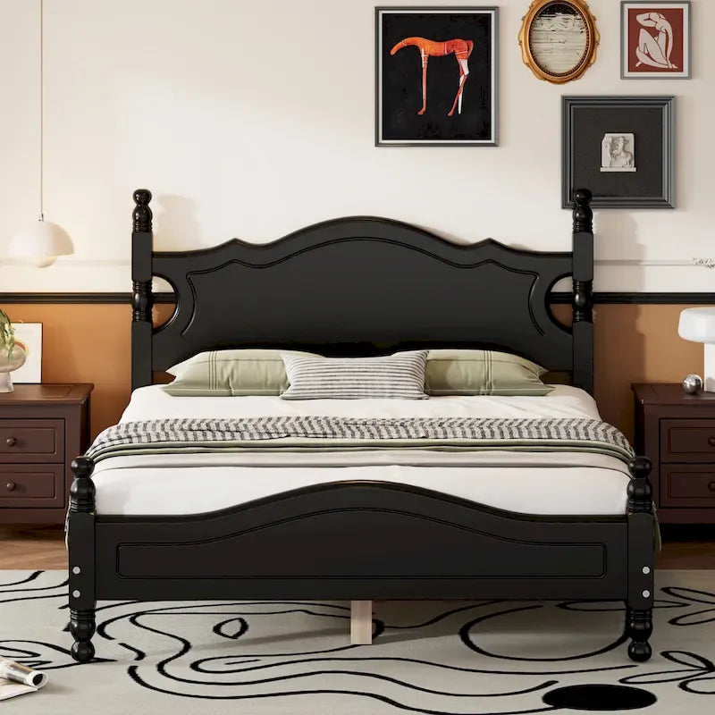 Retro Style Pine Wood Platform Bed Frame with Headboard and Footboard, Wooden Slat Support