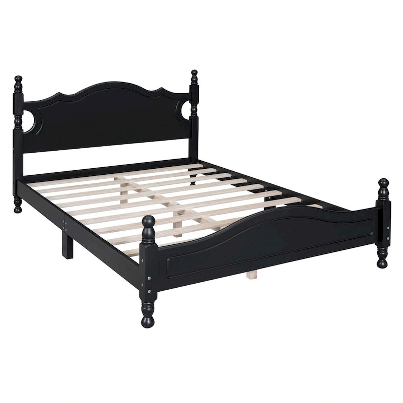 Retro Style Pine Wood Platform Bed Frame with Headboard and Footboard, Wooden Slat Support
