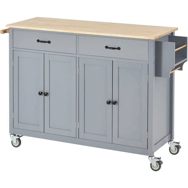 Essential MDF Kitchen Island Cart with Solid Wood Top, Locking Wheels, and Spice Rack