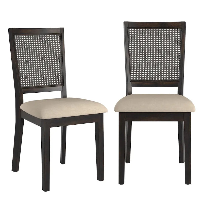 Beige Linen Rattan Back Dining Chairs (Set of 2)