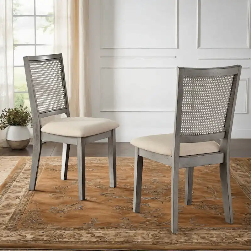 Beige Linen Rattan Back Dining Chairs (Set of 2)