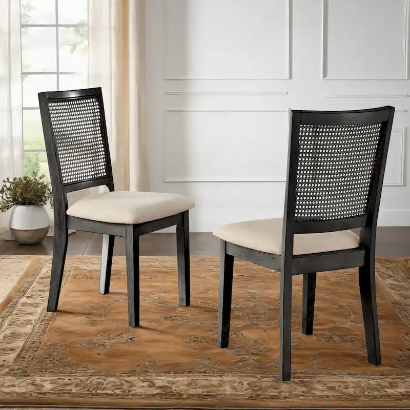 Beige Linen Rattan Back Dining Chairs (Set of 2)