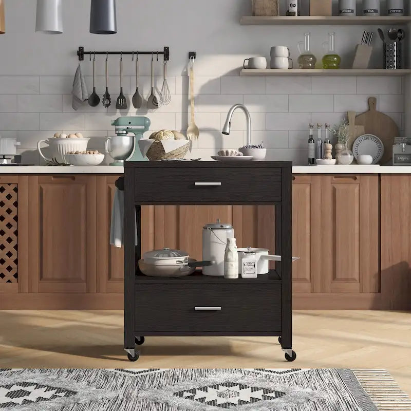 Modern 2-Drawer Caster Serving Cart with Towel Bar