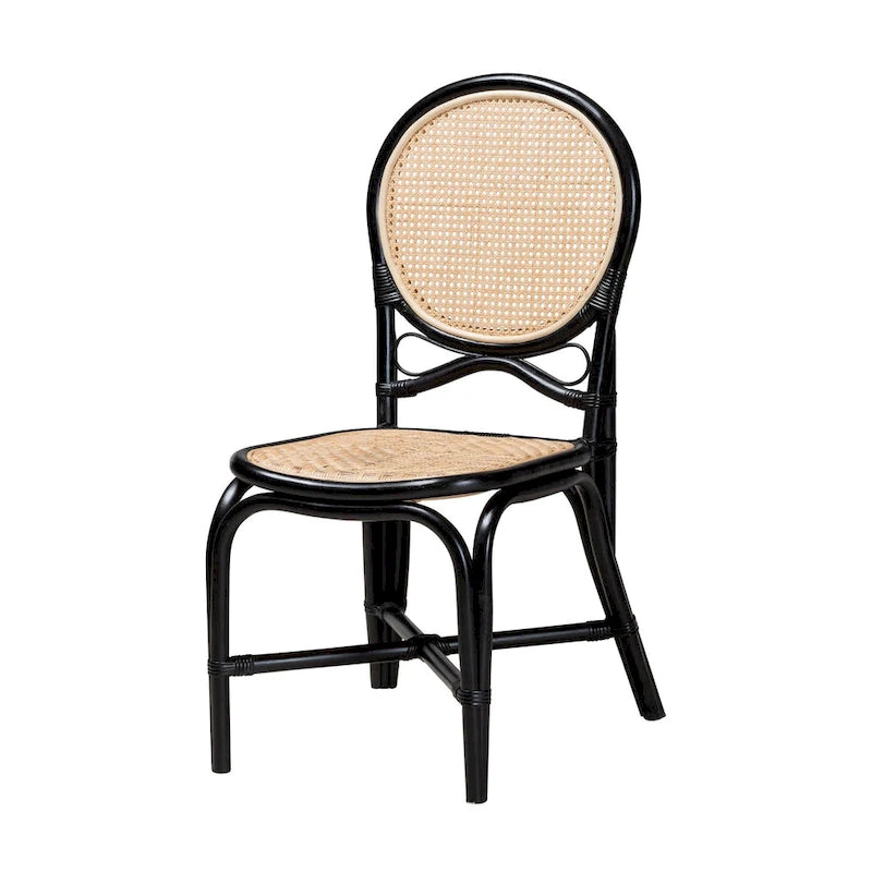 Mid-Century Modern Two-Tone Black and Natural Brown Rattan Dining Chair