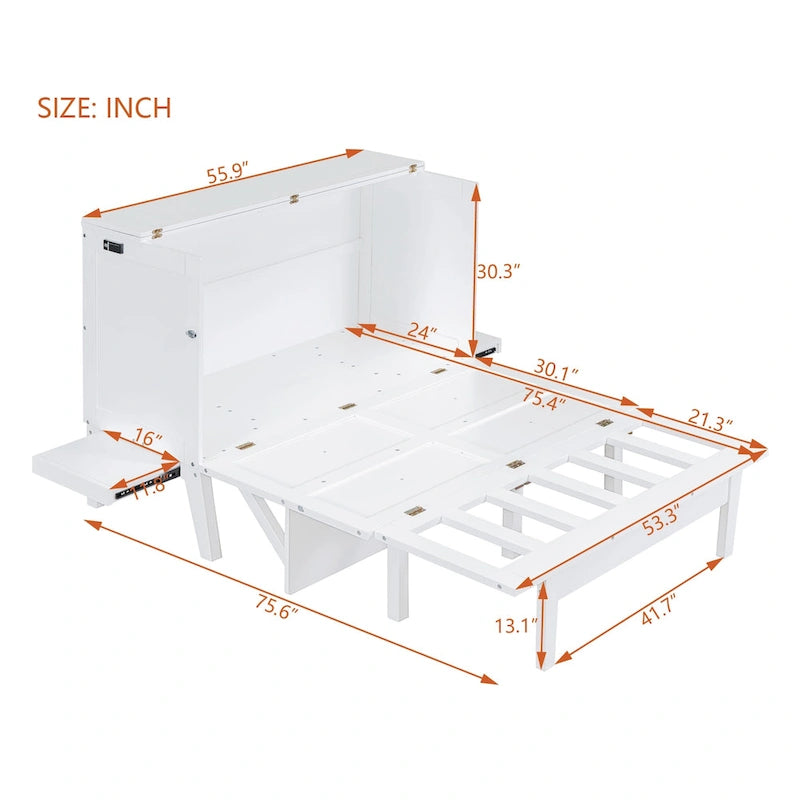 Full Size Murphy Bed Chest with Desk, USB Port