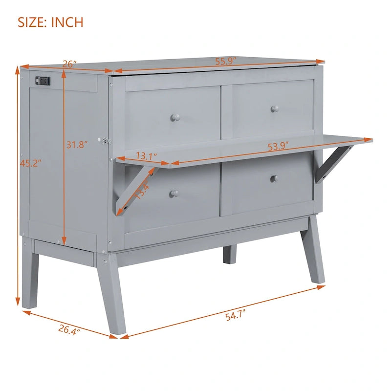 Full Size Murphy Bed Chest with Desk, USB Port
