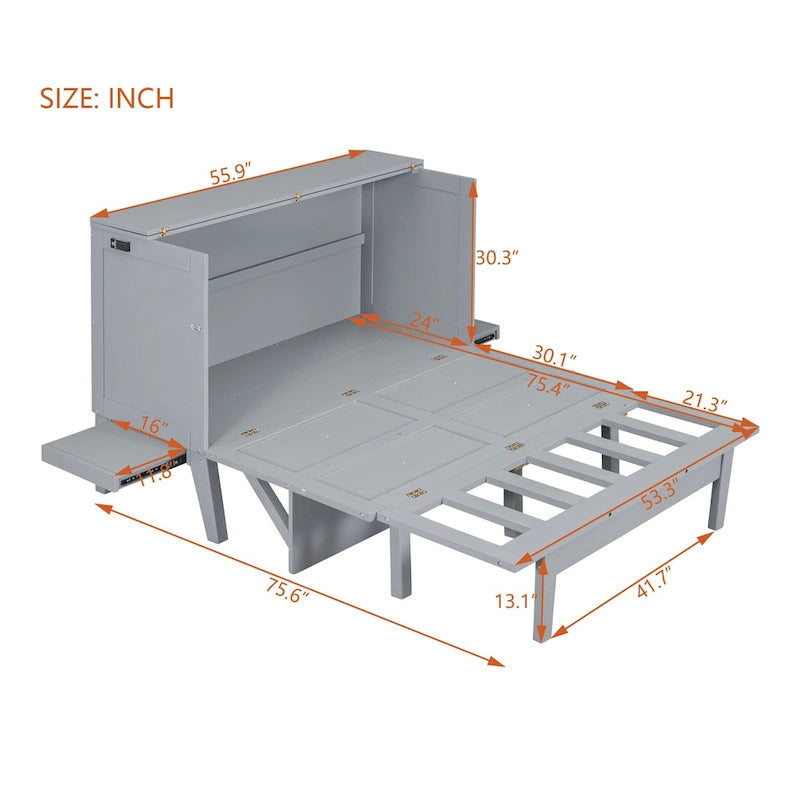 Full Size Murphy Bed Chest with Desk, USB Port