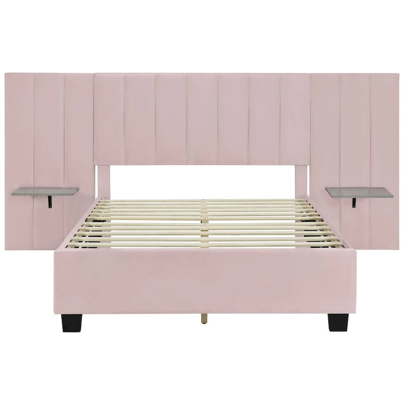 Full Size Velvet Upholstered Platform Bed with Big Headboard, Bedroom Furniture