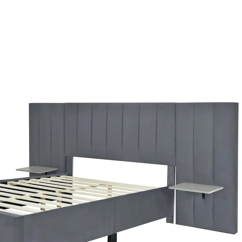 Full Size Velvet Upholstered Platform Bed with Big Headboard, Bedroom Furniture