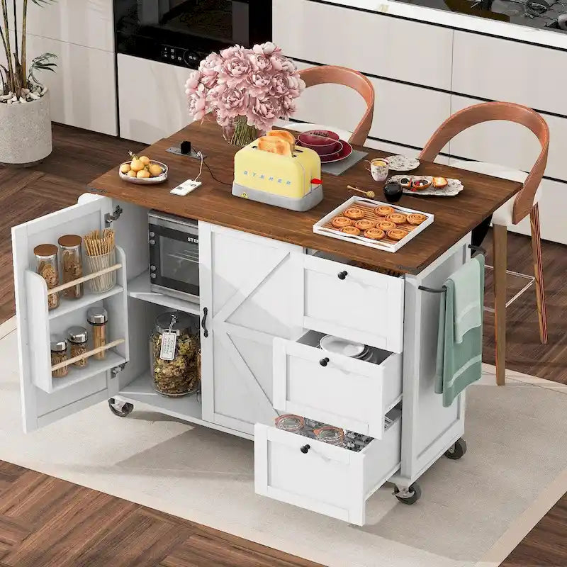 Large Rolling Kitchen Island with Storage and Power Supply