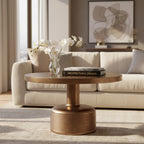 Rise 30 Inch Coffee Table, Round Top and Pedestal Base, Natural Brown Wood