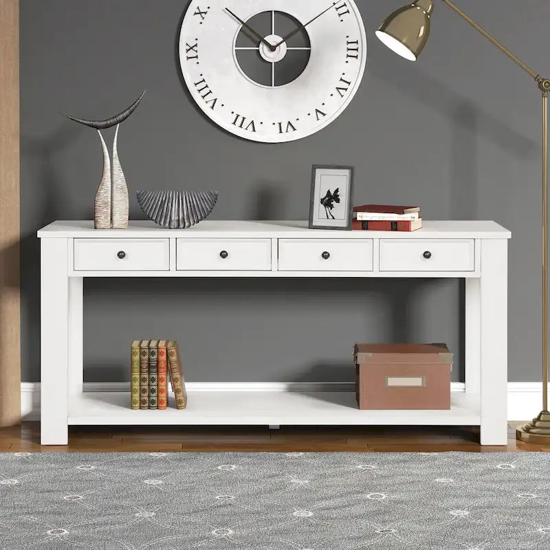 63 Pine Wood Console Table with 4 Drawers and 1 Bottom Shelf