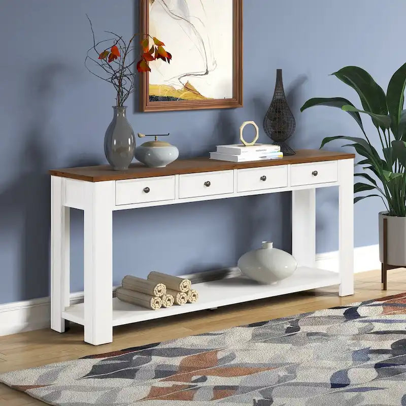 63 Pine Wood Console Table with 4 Drawers and 1 Bottom Shelf