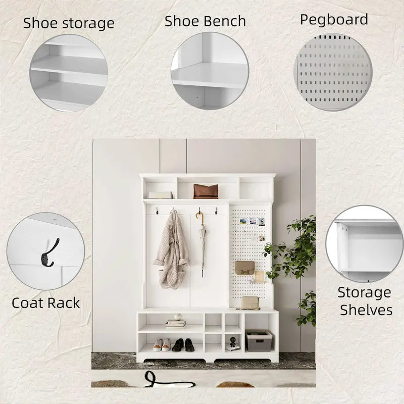 Hall Tree with Shoe Bench, Coat Rack, Shelves and Pegboard