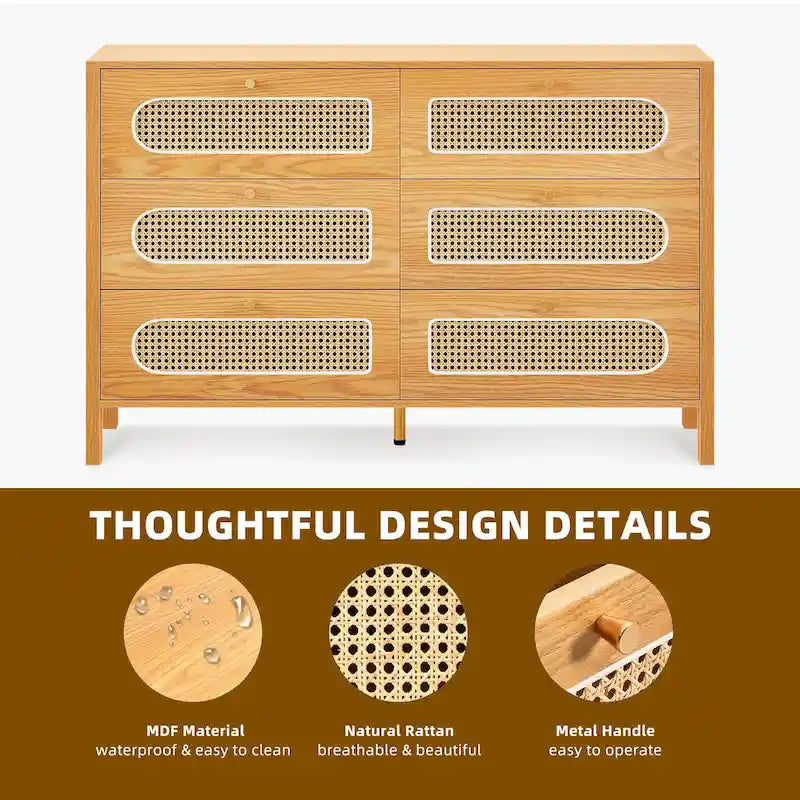 Rattan 6 Drawer Double Dresser Chest of Drawers Storage Cabinet
