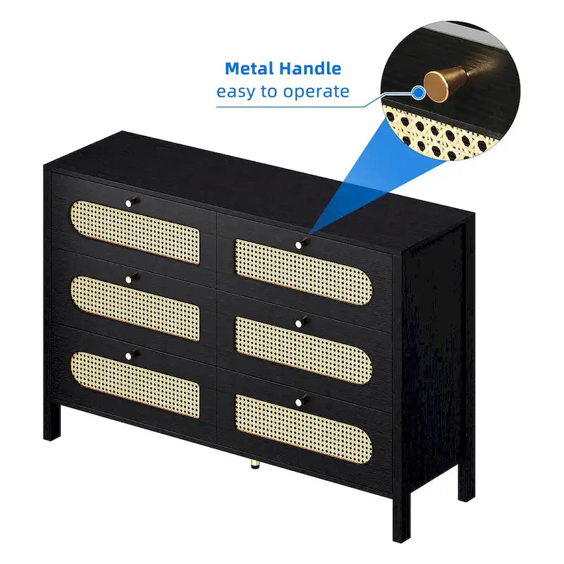 Rattan 6 Drawer Double Dresser Chest of Drawers Storage Cabinet