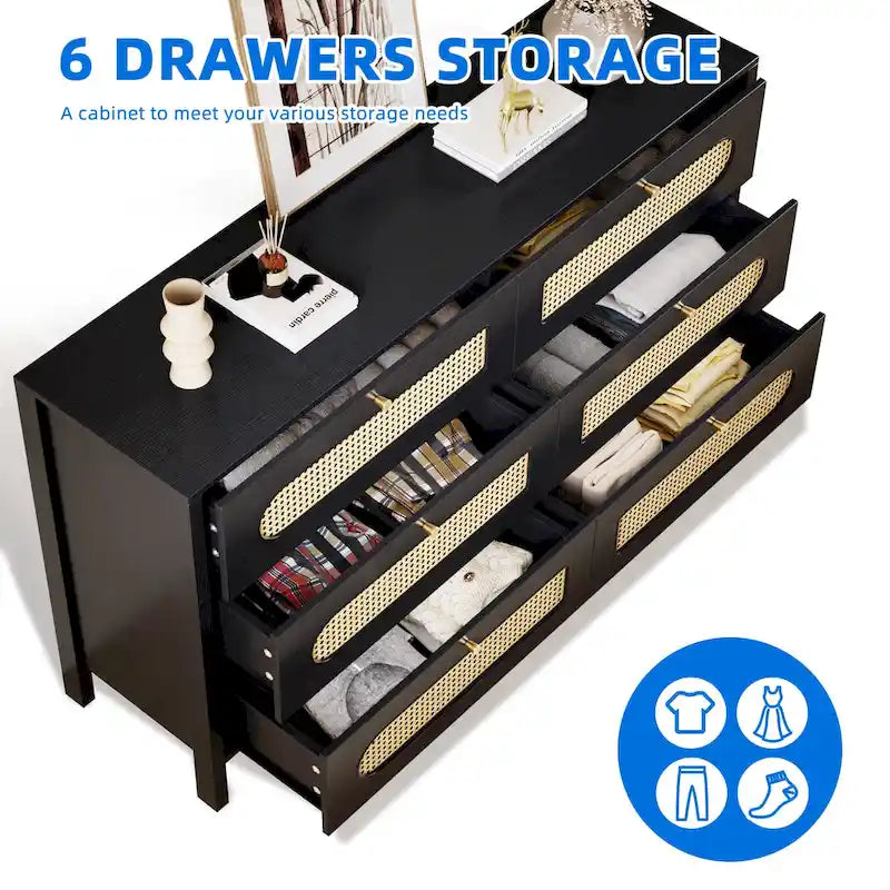 Rattan 6 Drawer Double Dresser Chest of Drawers Storage Cabinet