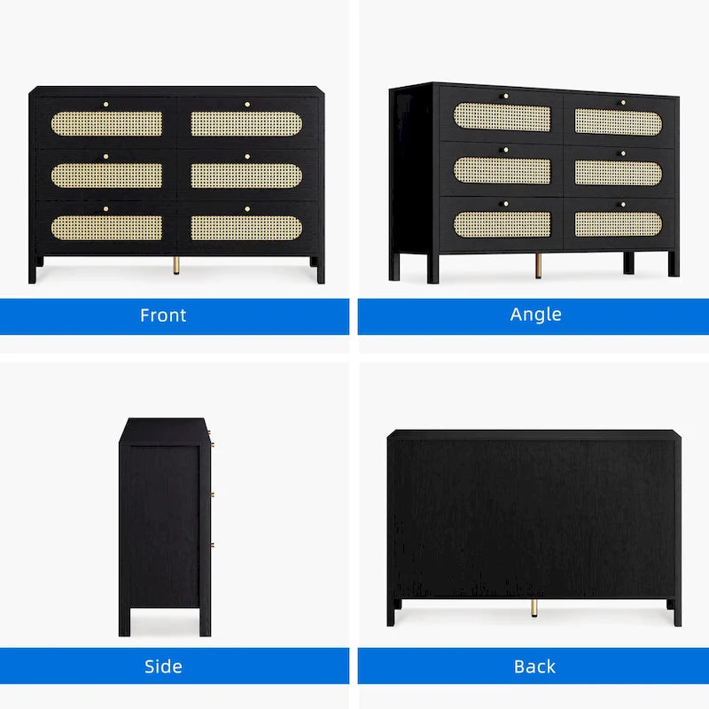 Rattan 6 Drawer Double Dresser Chest of Drawers Storage Cabinet
