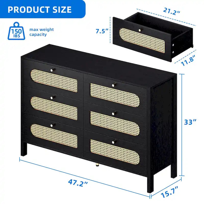 Rattan 6 Drawer Double Dresser Chest of Drawers Storage Cabinet