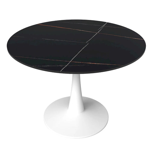 LeisureMod Bristol 40 Round Dining Table for 4 with Sintered Stone Tabletop in White Base for Kitchen & Dining Room
